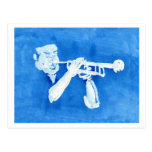 Blue watercolour painting of trumpet player postcard