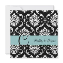 Blue Wedding Damask Monogram Save the Date Custom Invite