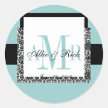 Blue Wedding Monogram Names Damask Stickers