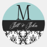 Blue Wedding Monogram Save Date Damask Seal Round Sticker