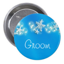 Blue white beach groom bridal button