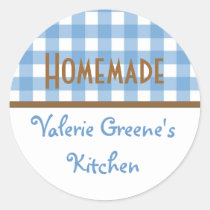 Blue white brown gingham homemade food label seal stickers