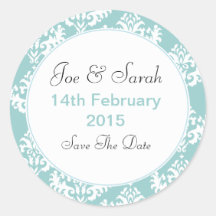 Blue & White Damask Save the Date Wedding Stickers