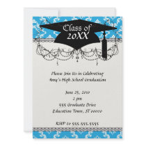 blue white diamond damask pattern graduation announcement
