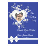 Blue & White Flower Heart Wedding Photo Invitation