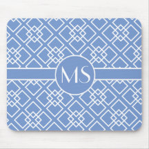 Blue White Monogram Geometric Pattern Mouse Pads