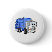 Blue White Smiling Garbage Truck Cartoon Pinback Buttons