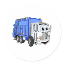 Blue White Smiling Garbage Truck Cartoon Round Sticker