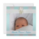 Blue White Stripe Photo Cross Baptism Christening Invites