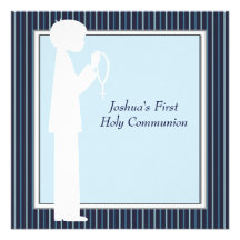 Blue White Stripe Rosary Boys First Communion Personalized Invitations