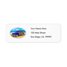 Blue Woodie with Surfboard on the Beach Labels