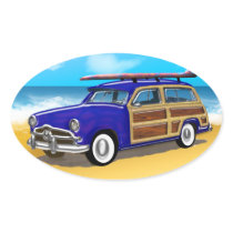 Blue Woodie with Surfboard on the Beach