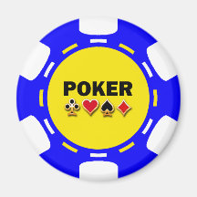BLUE, YELLOW AND WHITE POKER CHIP REFRIGERATOR MAGNET
