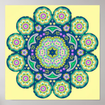 Blue & Yellow Floral Fantasy Kaleidoscope Poster
