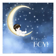 Blue Yellow Moon Baby Boy Shower Invitations