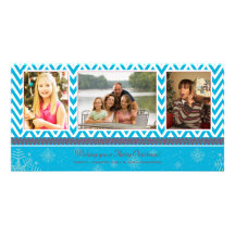 Blue zigzag chevron christmas holiday 3 photo card