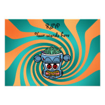 Blue zombie monkey on orange green stripes personalized announcement