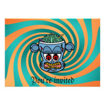 Blue zombie monkey on orange green stripes personalized invitation