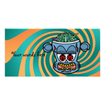 Blue zombie monkey on orange green stripes personalized photo card