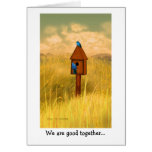 Bluebird lovers at country house painting card