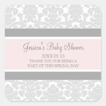 Blush Grey Damask Baby Shower Favour Stickers