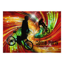 BMXers in Red and Orange Grunge Swirls Custom Invites