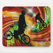 BMXers in Red and Orange Grunge Swirls Mouse Pad