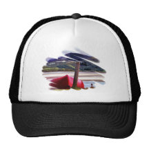 BOAT AND MOUNTAIN LANDSCAPE TRUCKER HAT