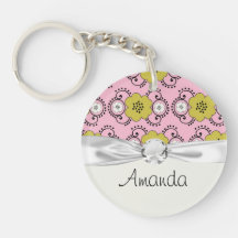 boho chic damask green pink floral round acrylic keychains