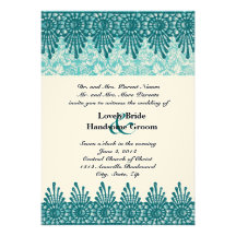 Boho Vintage Blue Damask Teal Wedding Invitation