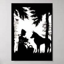 Bois rouges de loup de capuchon de silhouette noir posters