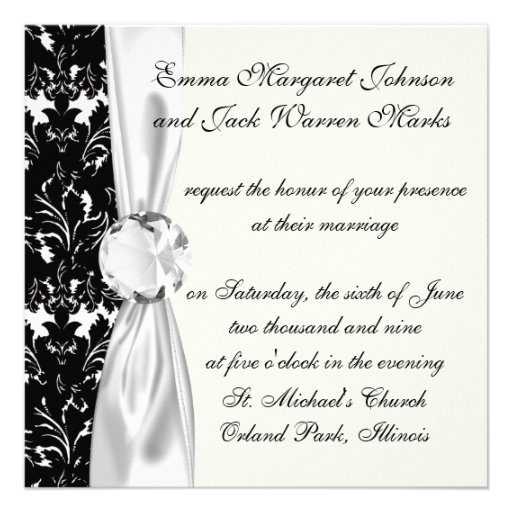 bold intricate black damask on white invitations