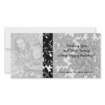 bold intricate black damask on white photo card template