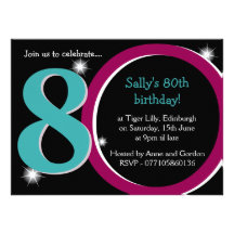 Bold Pink & Teal Sixtieth 80th Birthday Party Personalized Announcement