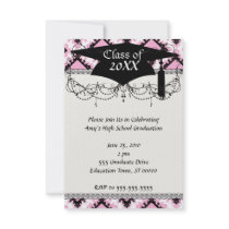 bold pink white black diamond damask graduation announcements