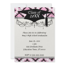 bold pink white black diamond damask graduation custom invites