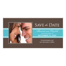 Bold Stripe Save the Date (chocolate/aqua) Customized Photo Card