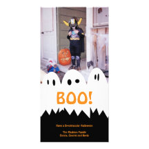 BOO white ghost trio orange Halloween greeting Personalized Photo Card