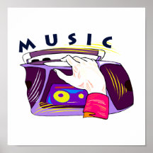 Boombox radio and hand graphic, word Music Poster