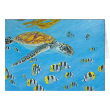 bora bora turtle with butterfly fish greeting card