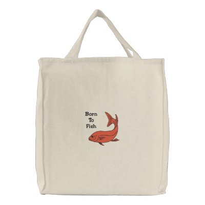 Born To Fish Red Fish Customizable Embroidery Embroidered Tote Bag by BedazzledByZazzle