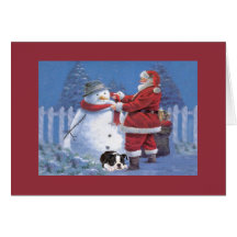 Boston Terrier Christmas Snowman and Santa Greetin Cards
