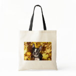 Boston Terrier in the Autumn Leaves Canvas Bags
