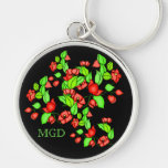 Bougainvillea flowers  monogram on black keychain