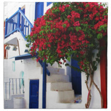 Bougainvillea growing on house in Mykonos, Greece Printed Napkins