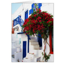 Bougainvillea growing outside a house, Mykonos Cards