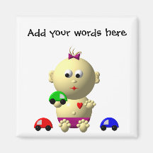BOUNCING BABY GIRL WITH 3 TOY CARS REFRIGERATOR MAGNETS