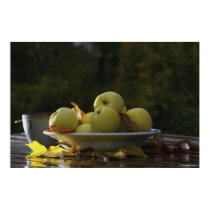 Bowl of apples and leaves posters