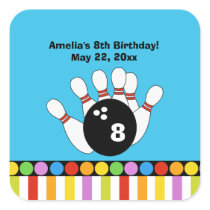 Bowling Party Birthday SQUARE Favour Sticker