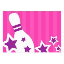 Bowling pin and purple stars on hot pink stripes business card templates